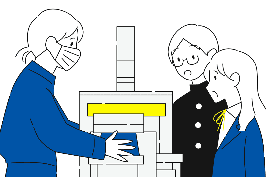 実験を行うスタッフと驚く学生たちのイラスト